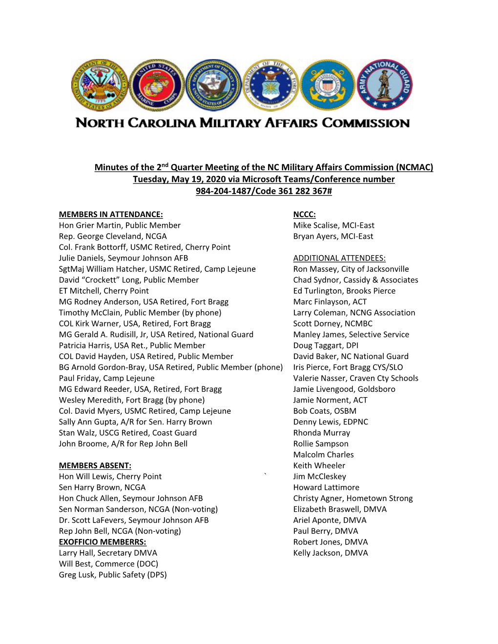 Minutes of the 2Nd Quarter Meeting of the NC Military Affairs Commission