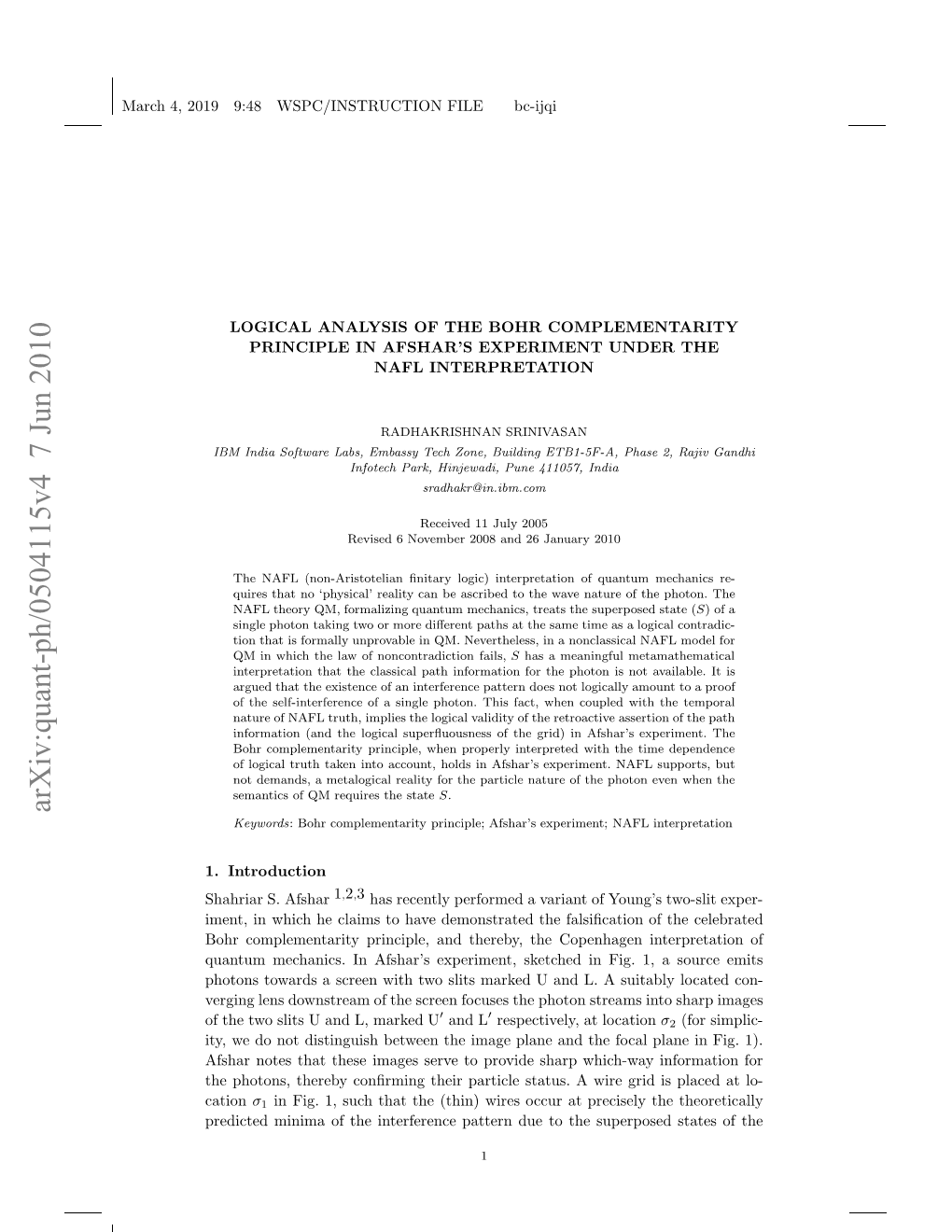 Logical Analysis of the Bohr Complementarity Principle In