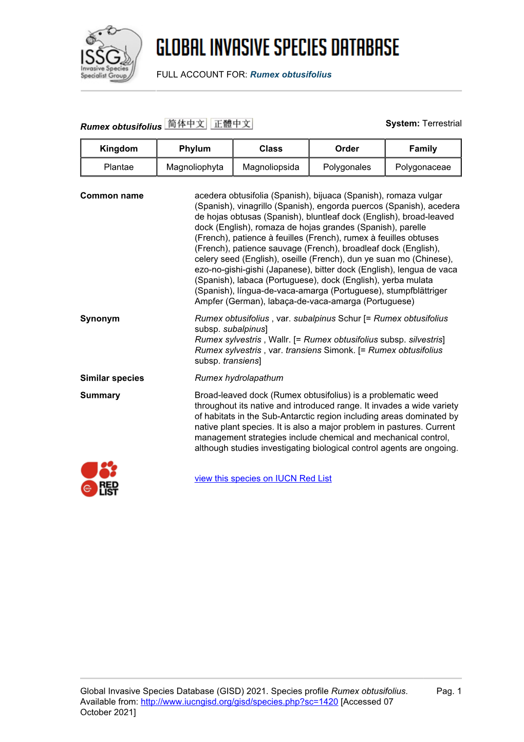 Rumex Obtusifolius Global Invasive Species Database (GISD)