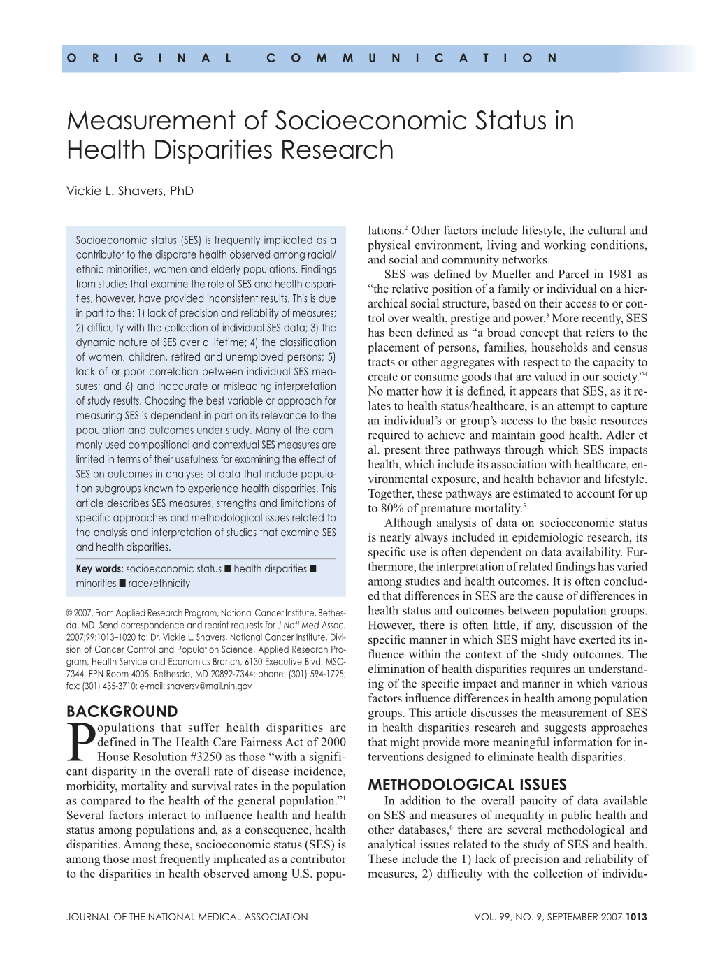 Measurement of Socioeconomic Status in Health Disparities Research