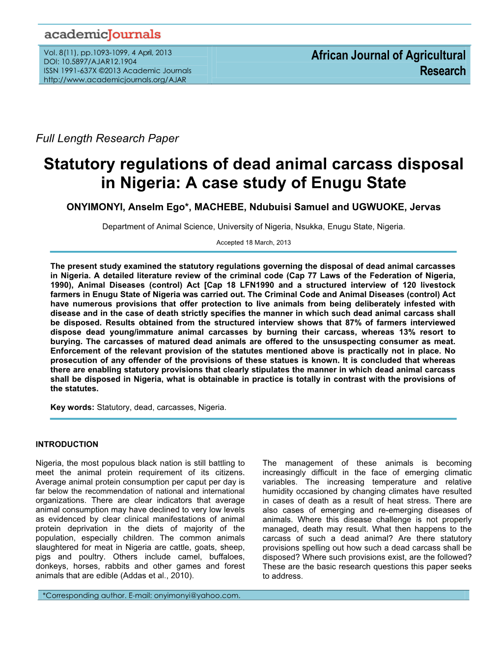 Statutory Regulations of Dead Animal Carcass Disposal in Nigeria: a Case Study of Enugu State