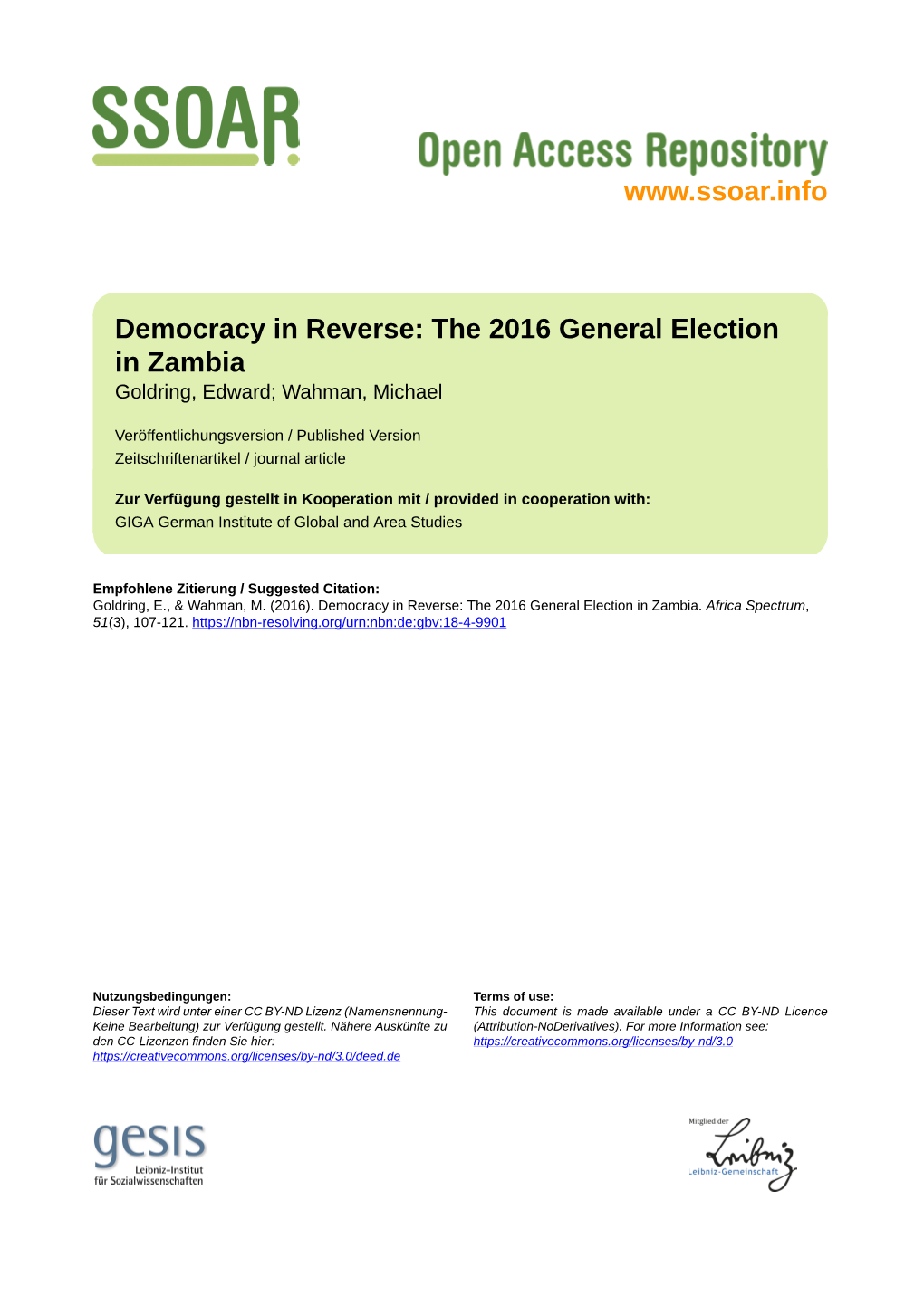 Democracy in Reverse: the 2016 General Election in Zambia Goldring, Edward; Wahman, Michael