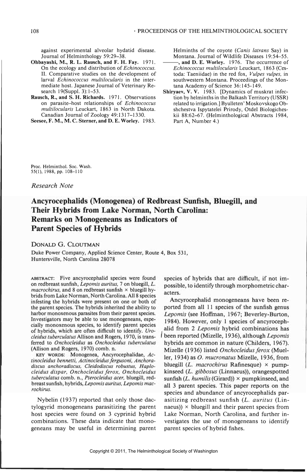 Monogenea) of Redbreast Sunfish, Bluegill, and Their Hybrids from Lake Norman, North Carolina: Remarks on Monogeneans As Indicators of Parent Species of Hybrids