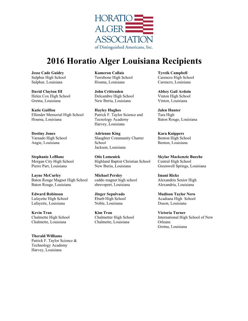 2016 Horatio Alger Louisiana Recipients