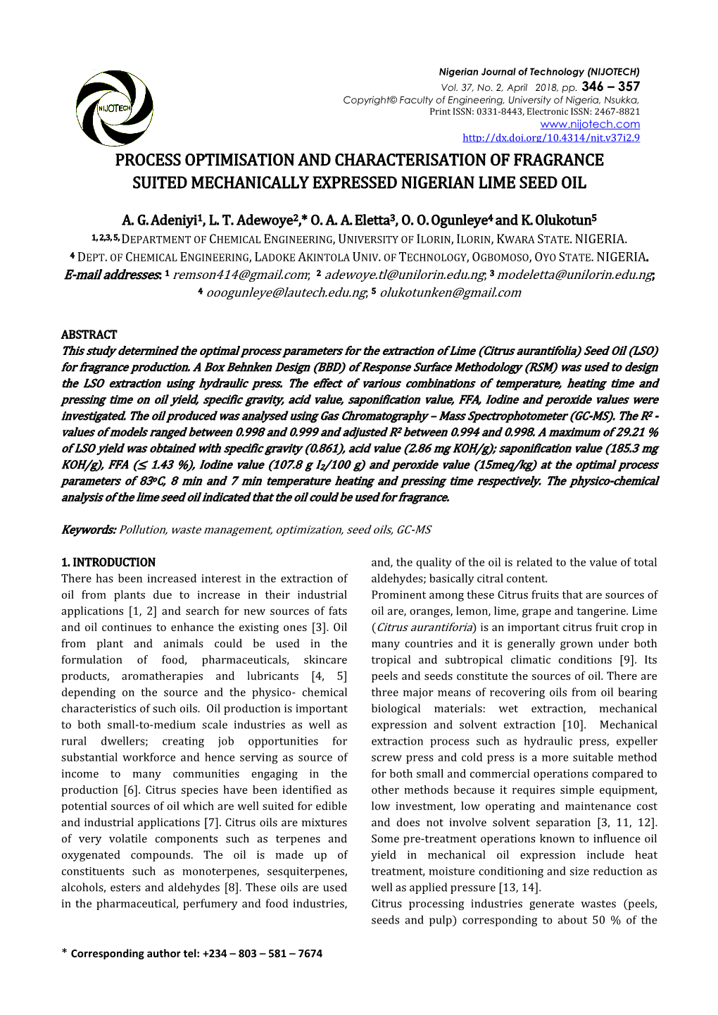 Process Optimisation and Characterisation of Fragrance Suited Mechanically Expressed Nigerian Lime Seed Oil