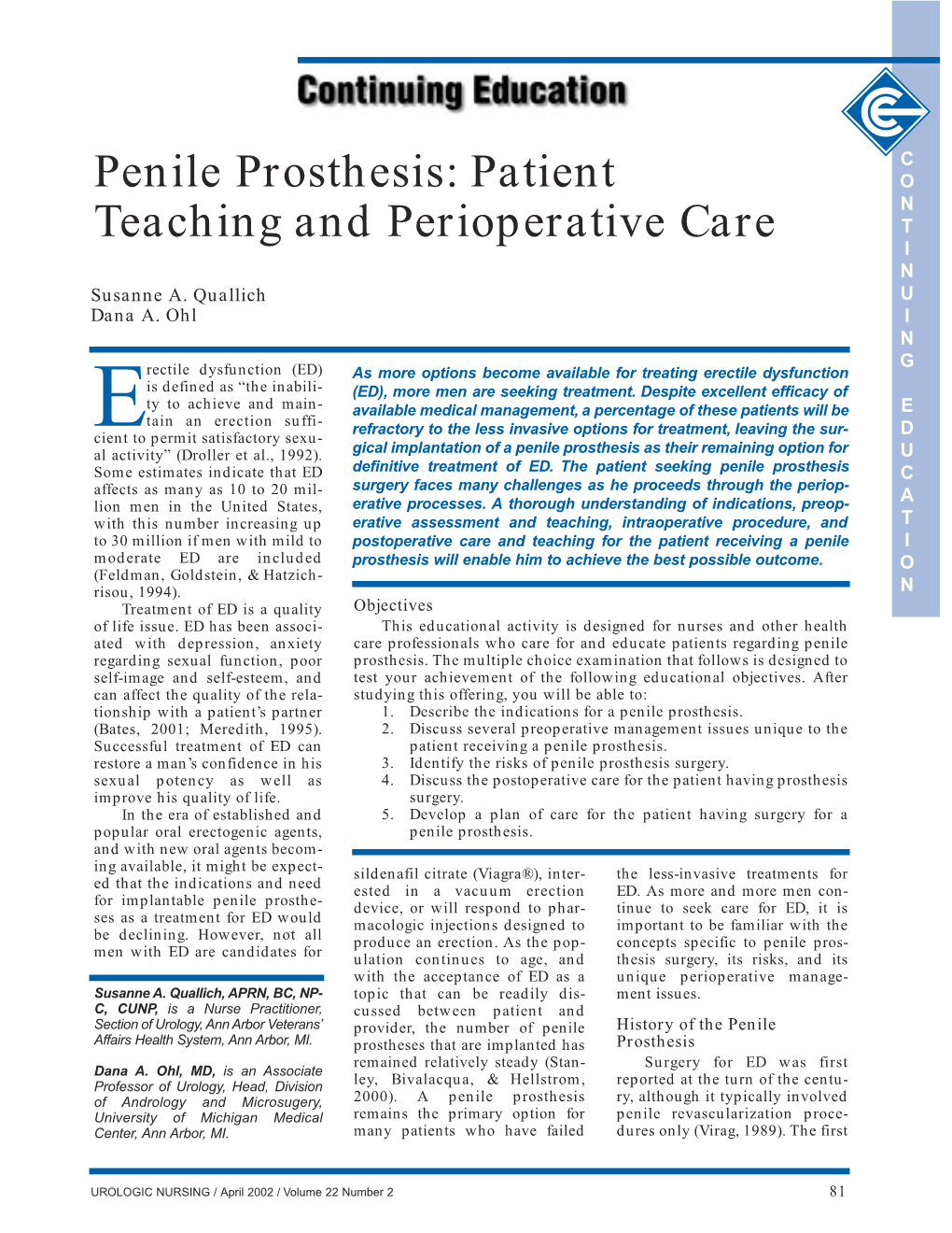 Penile Prosthesis: Patient Teaching and Perioperative Care