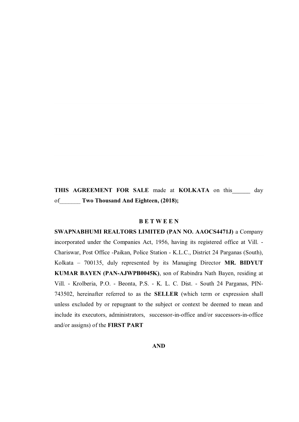 THIS AGREEMENT for SALE Made at KOLKATA on This______Day Of______Two Thousand and Eighteen, (2018);