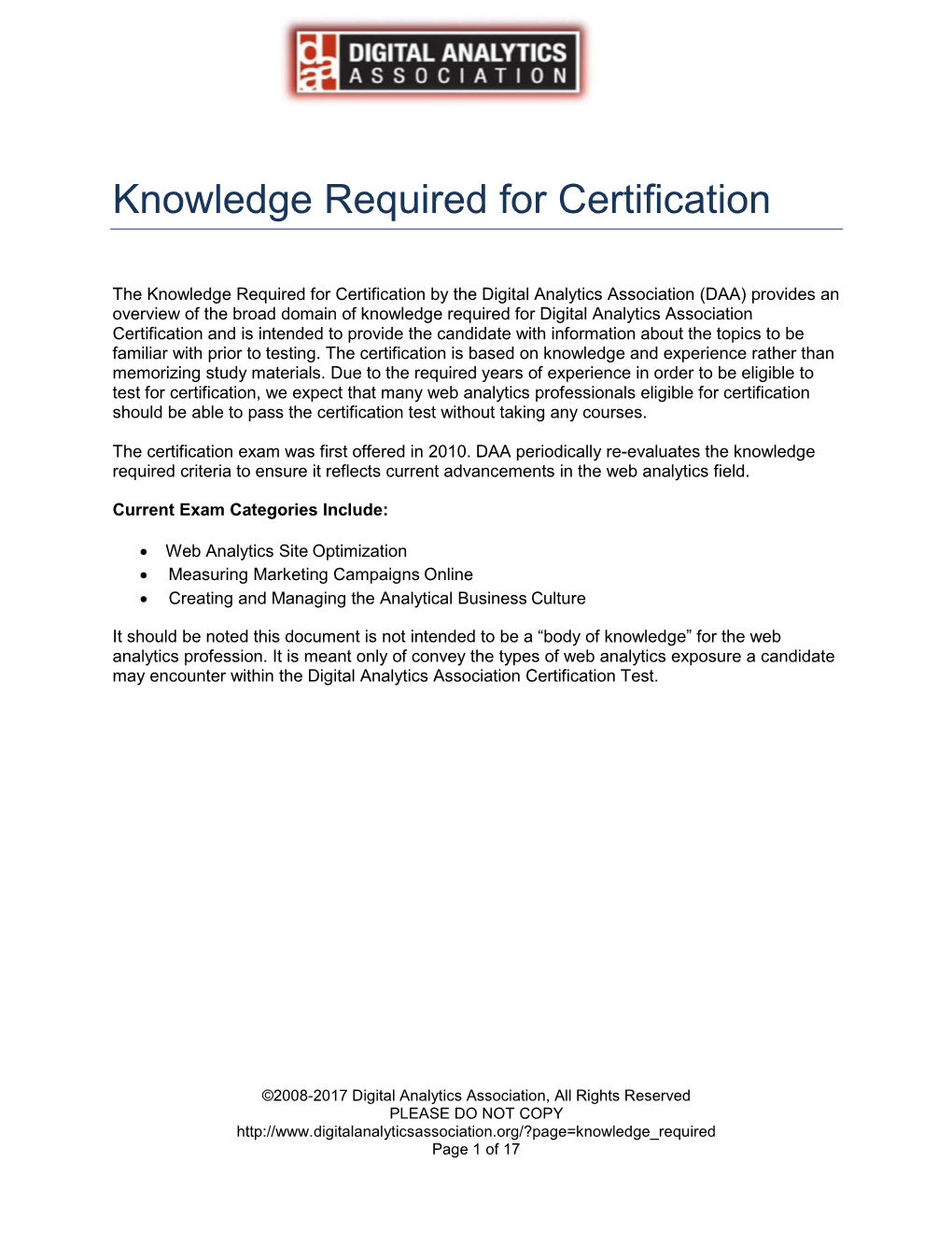 Knowledge Required for Certification