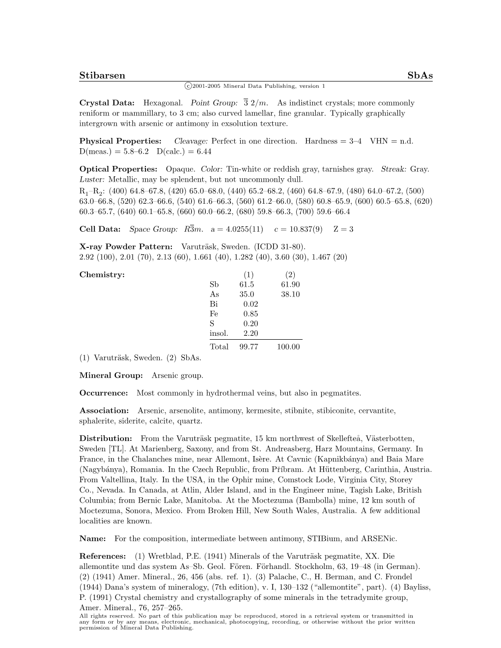 Stibarsen Sbas C 2001-2005 Mineral Data Publishing, Version 1