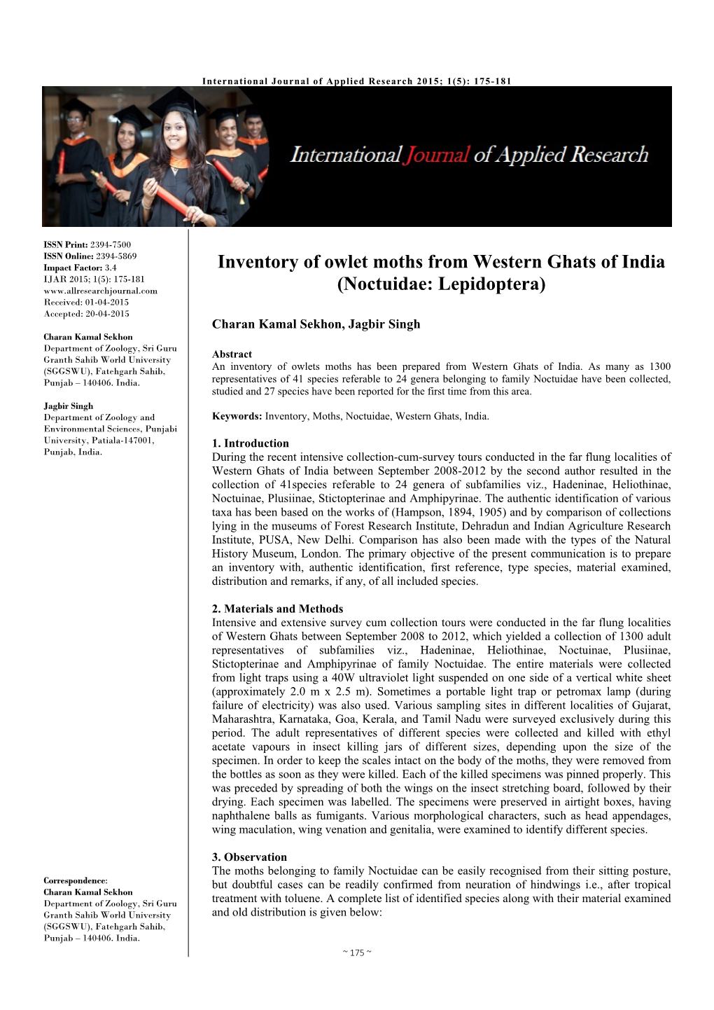 Inventory of Owlet Moths from Western Ghats of India (Noctuidae