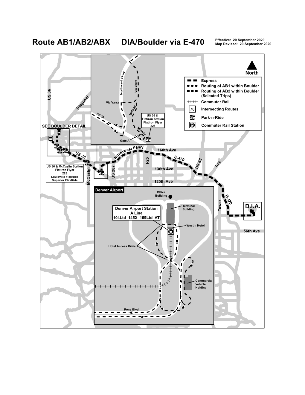 Route AB1/AB2/ABX DIA/Boulder Via E-470 Map Revised: 20 September 2020 # Y North W K P Express Routing of AB1 Within Boulder