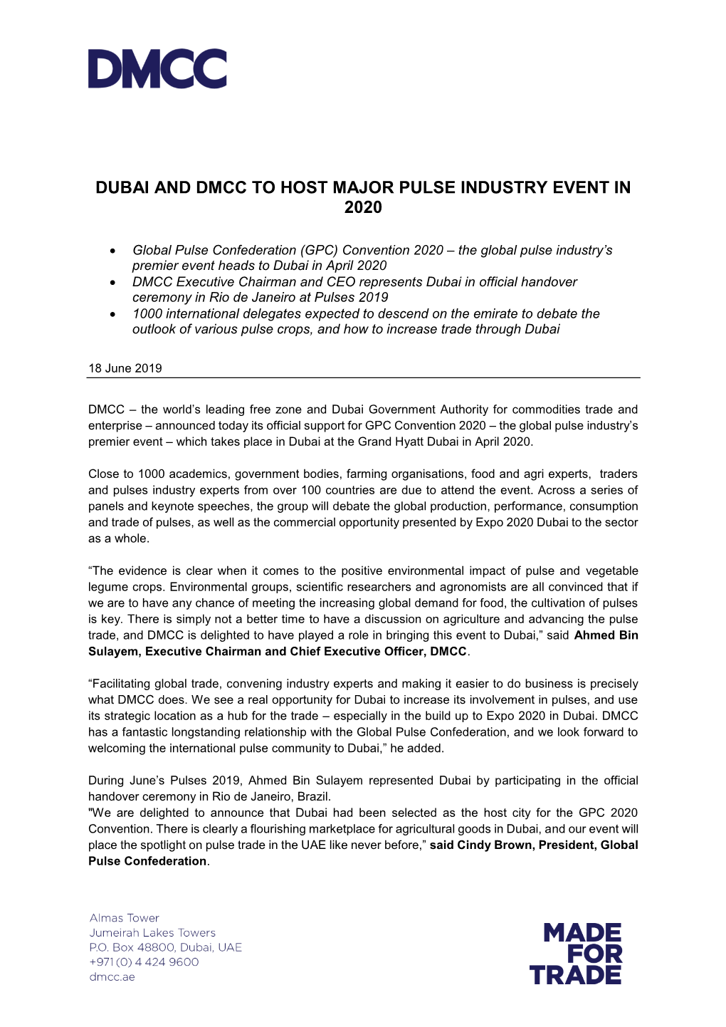 Dubai and Dmcc to Host Major Pulse Industry Event in 2020