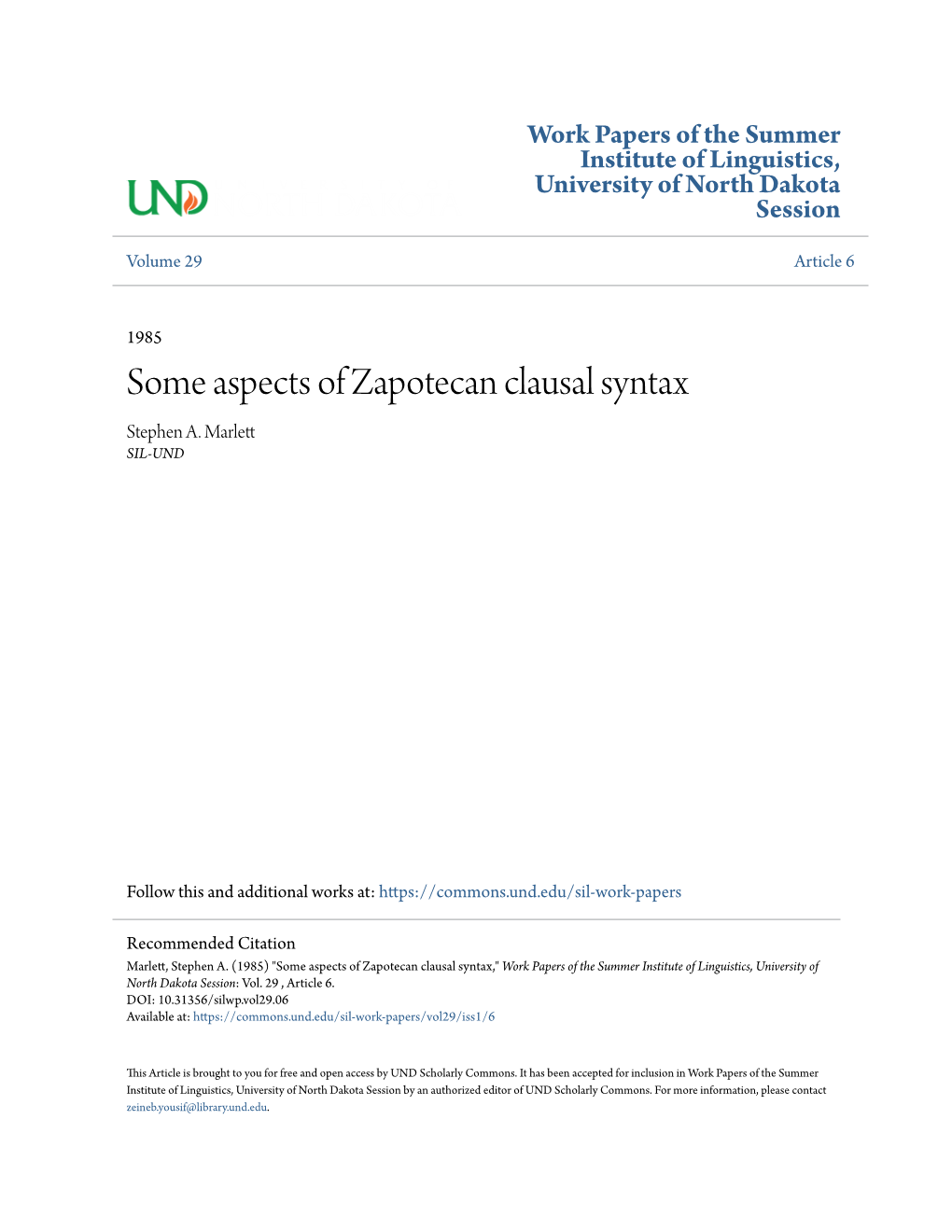 Some Aspects of Zapotecan Clausal Syntax Stephen A