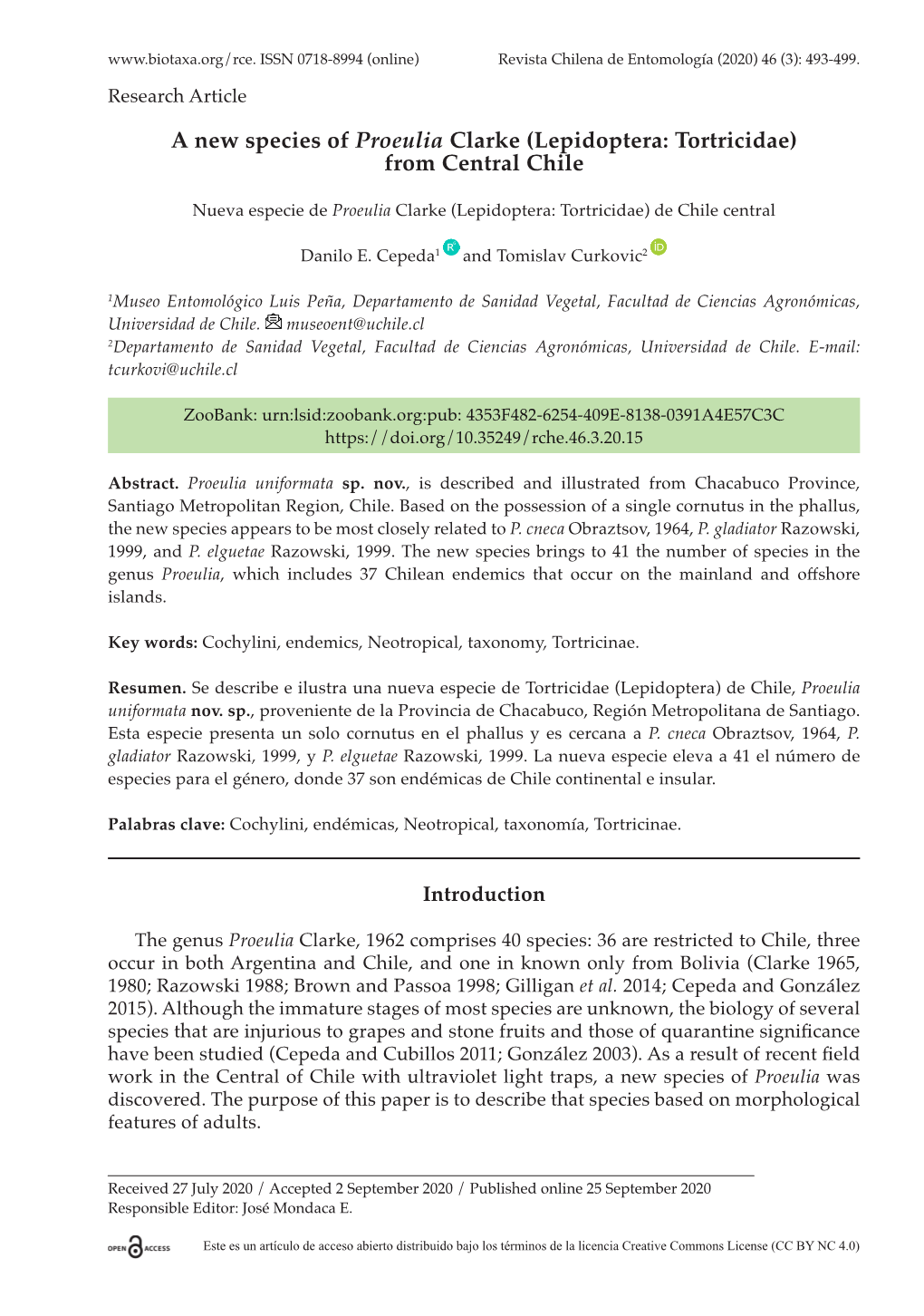 A New Species of Proeulia Clarke (Lepidoptera: Tortricidae) from Central Chile