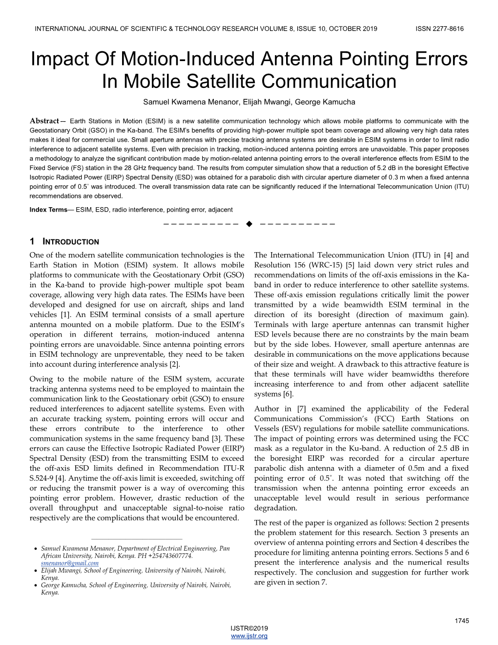 Impact of Motion-Induced Antenna Pointing Errors in Mobile Satellite Communication Samuel Kwamena Menanor, Elijah Mwangi, George Kamucha