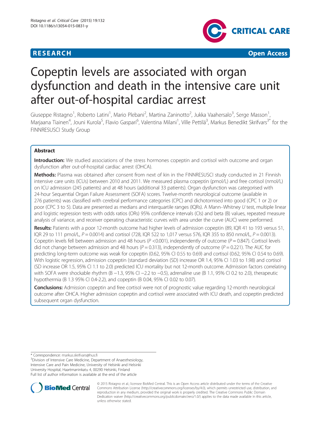 Copeptin Levels Are Associated with Organ Dysfunction and Death in The