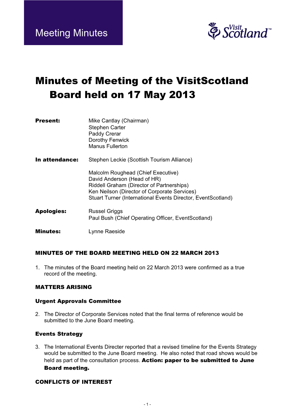 Minutes of Meeting of the Visitscotland Board