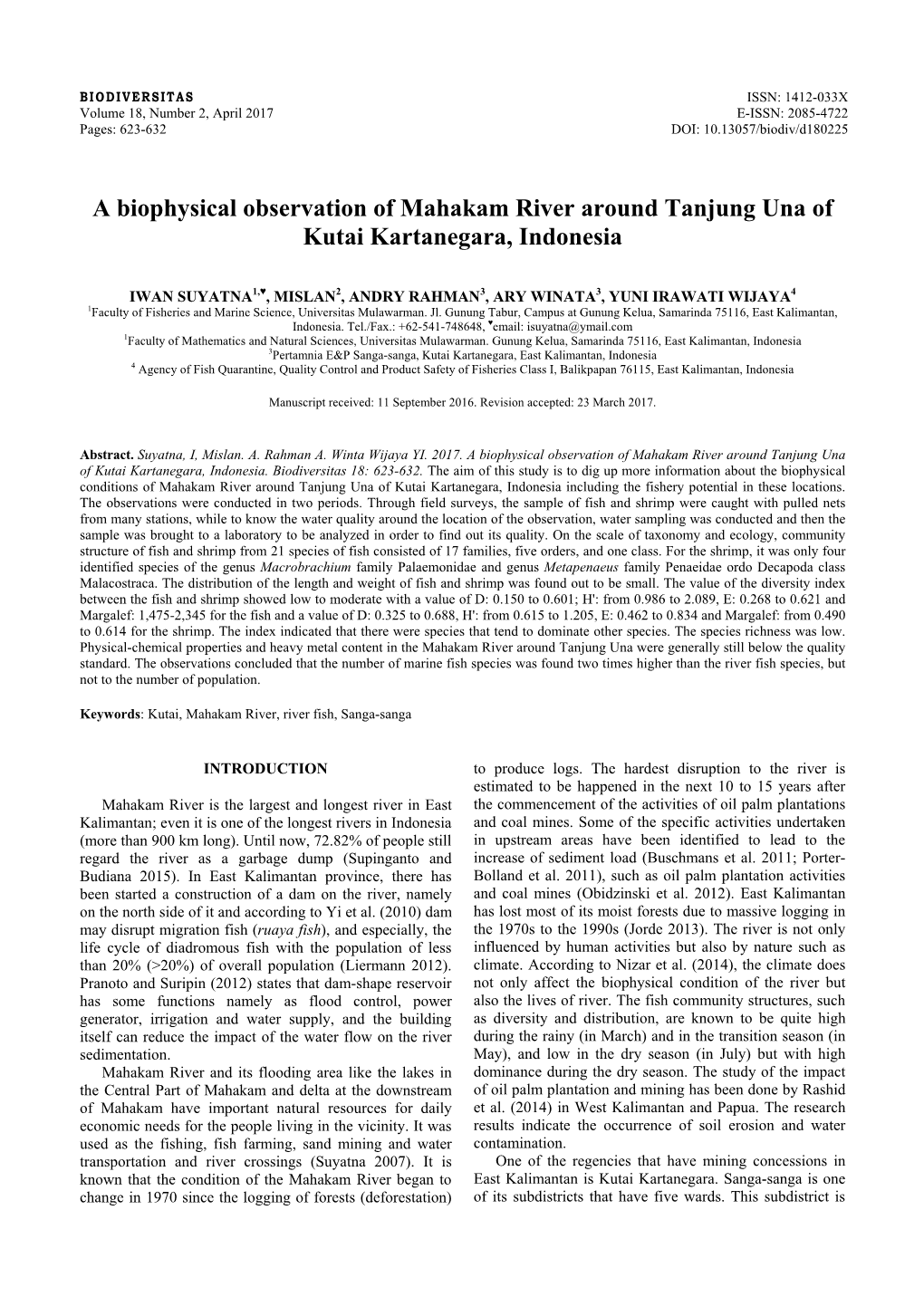 A Biophysical Observation of Mahakam River Around Tanjung Una of Kutai Kartanegara, Indonesia