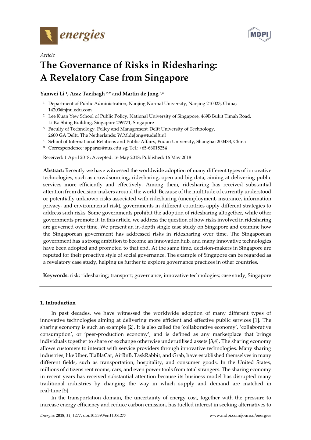 The Governance of Risks in Ridesharing: a Revelatory Case from Singapore