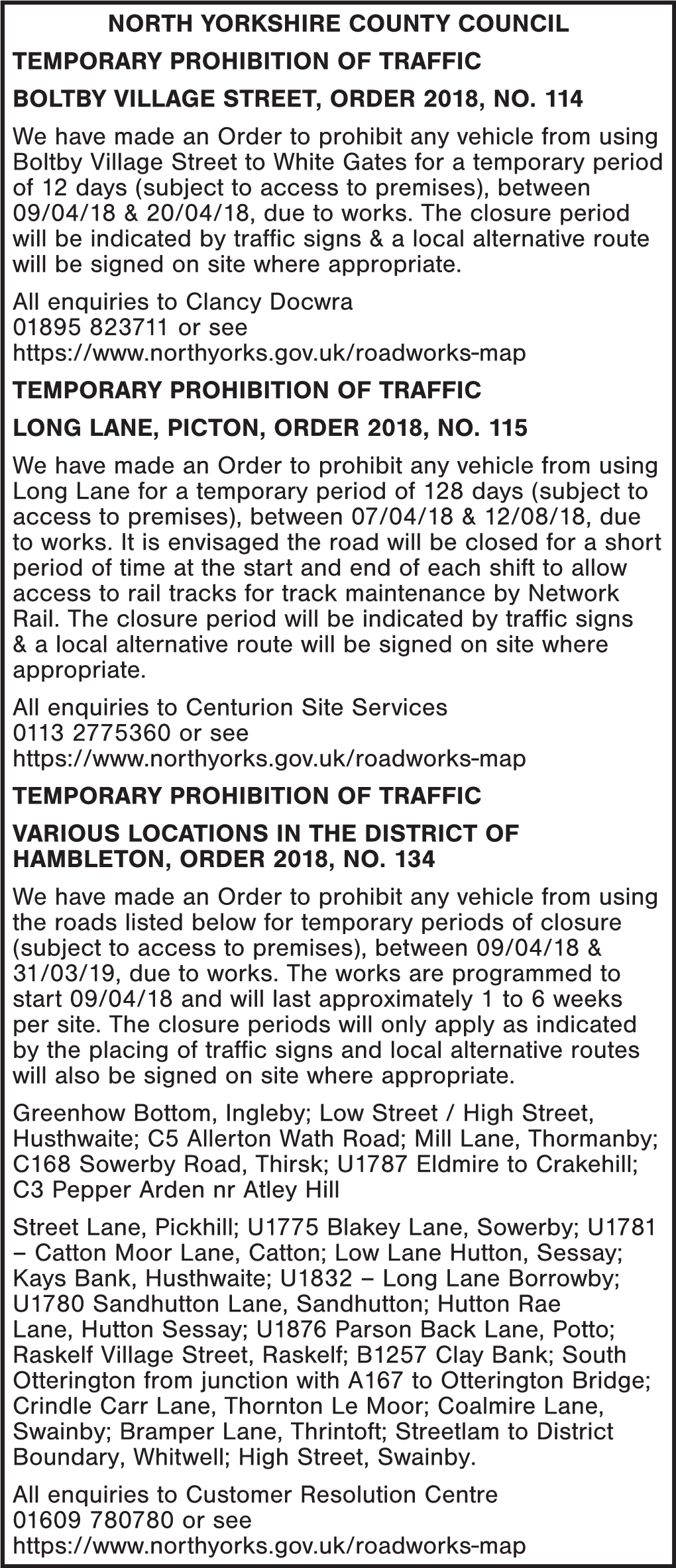 North Yorkshire County Council Temporary Prohibition of Traffic Boltby Village Street, Order 2018, No