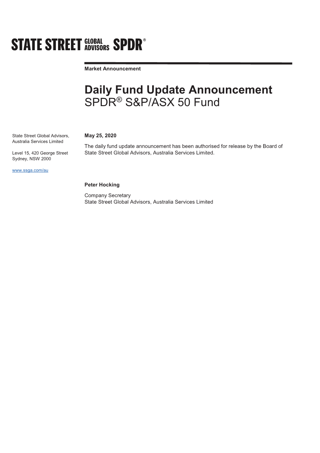 Daily Fund Update Announcement SPDR® S&P/ASX 50 Fund