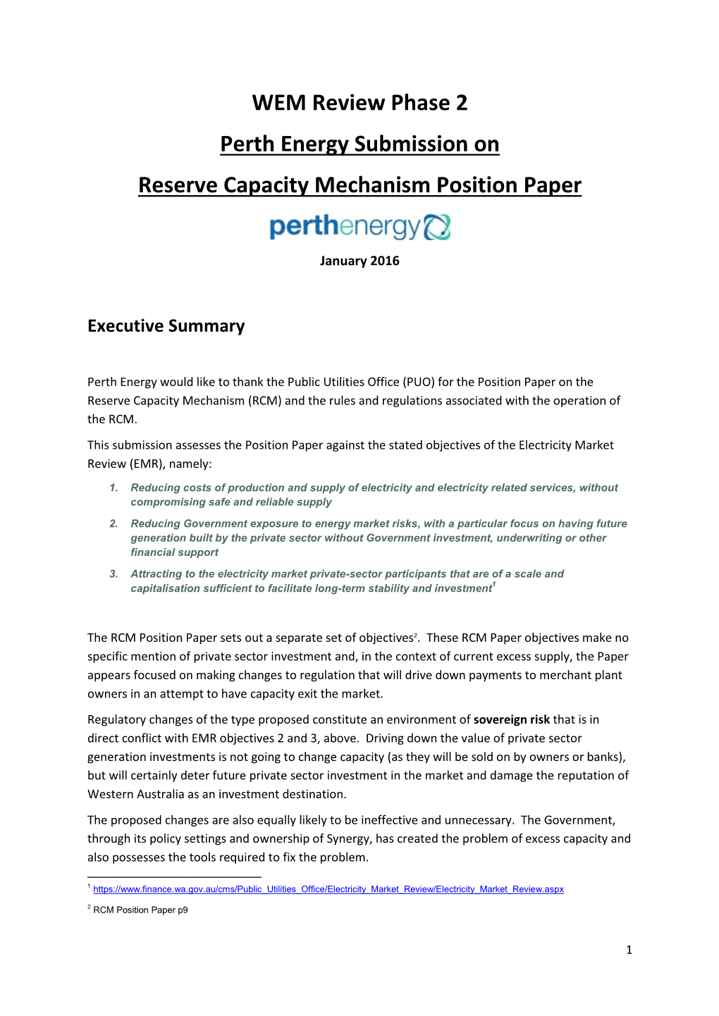WEM Review Phase 2 Perth Energy Submission on Reserve Capacity Mechanism Position Paper