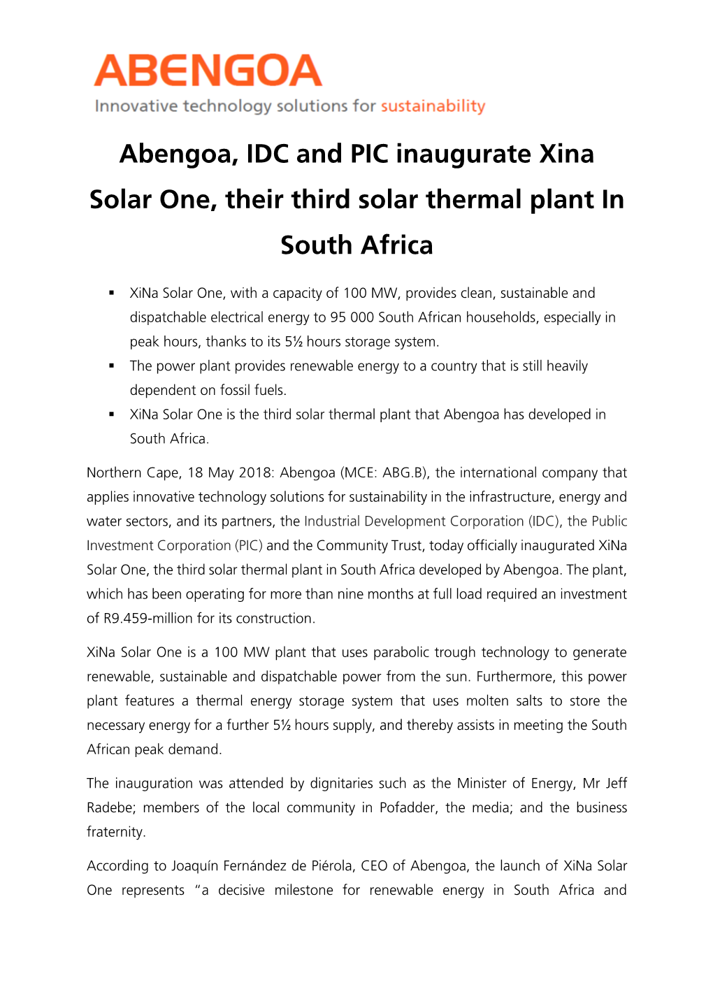 Abengoa, IDC and PIC Inaugurate Xina Solar One, Their Third Solar Thermal Plant in South Africa