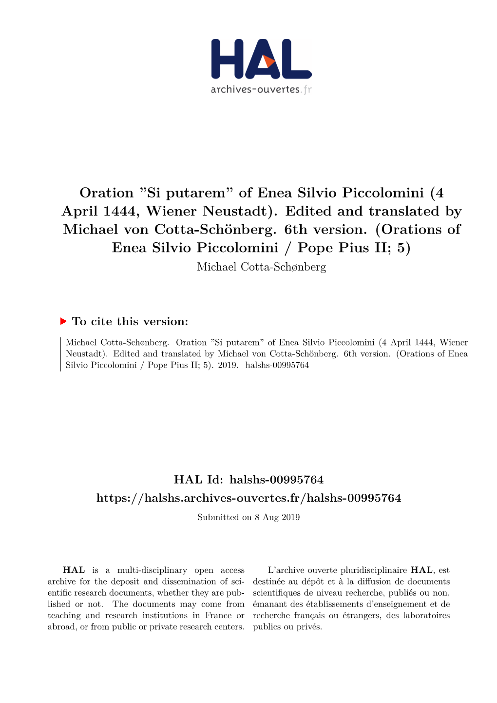 Oration ''Si Putarem'' of Enea Silvio Piccolomini (4 April 1444, Wiener