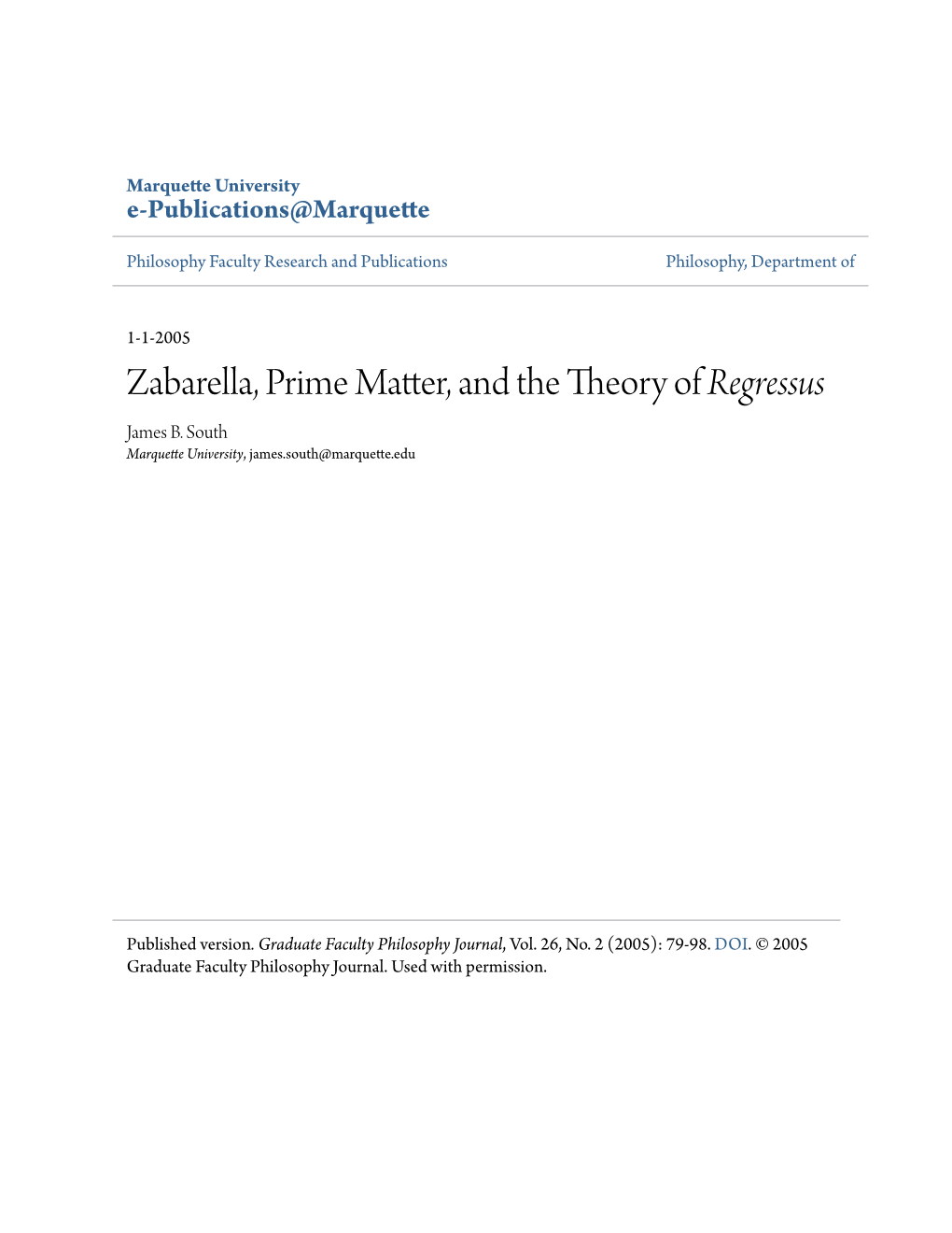 Zabarella, Prime Matter, and the Theory of Regressus James B