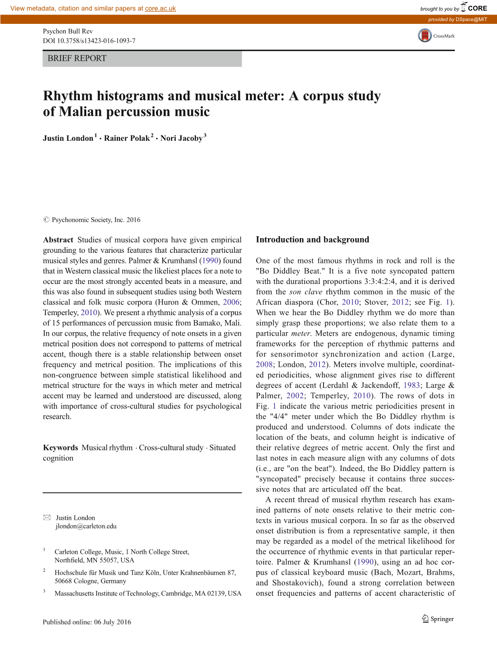 Rhythm Histograms and Musical Meter: a Corpus Study of Malian Percussion Music