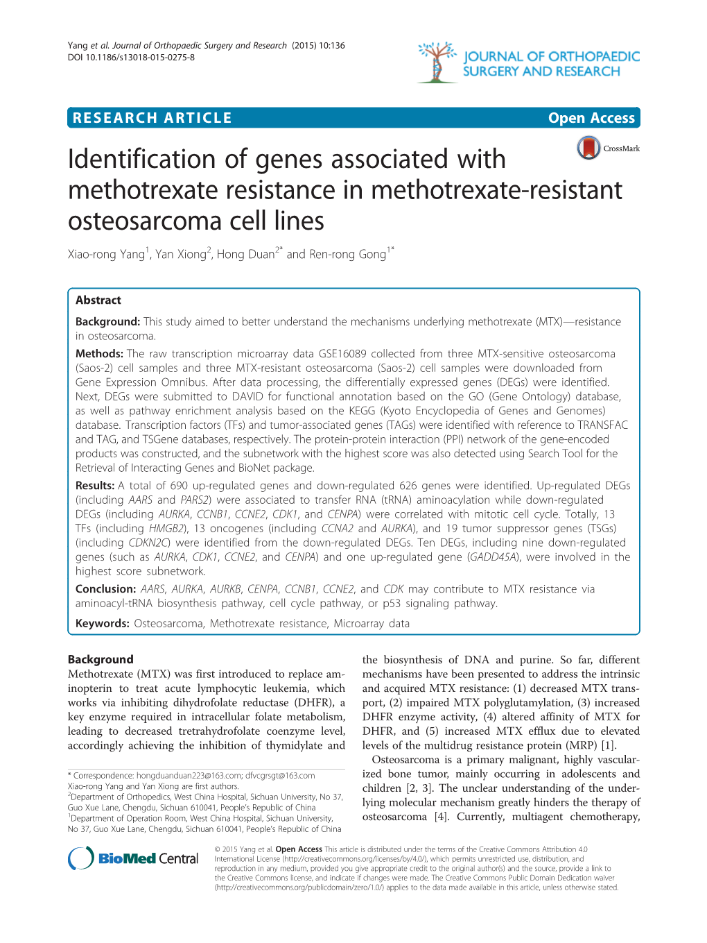 Identification of Genes Associated with Methotrexate Resistance In