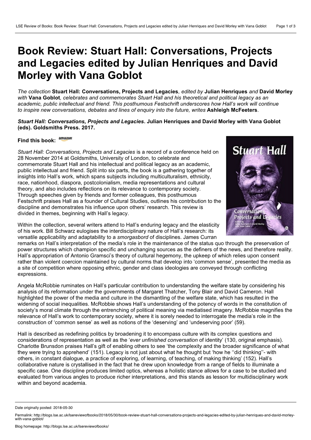 Stuart Hall: Conversations, Projects and Legacies Edited by Julian Henriques and David Morley with Vana Goblot Page 1 of 3