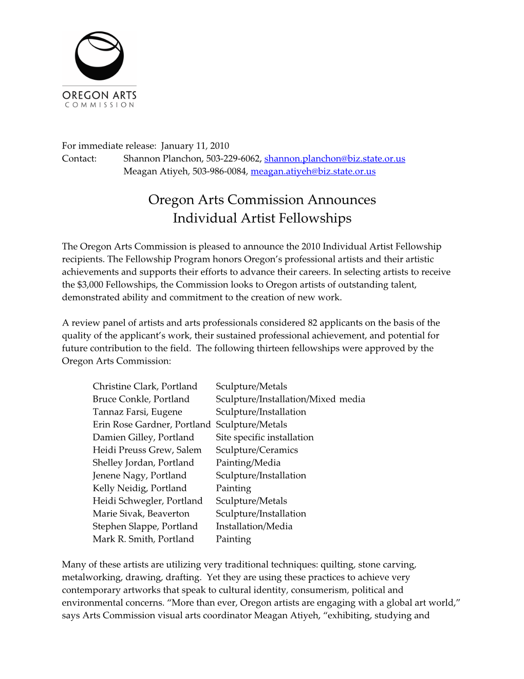 Oregon Arts Commission Announces Individual Artist Fellowships