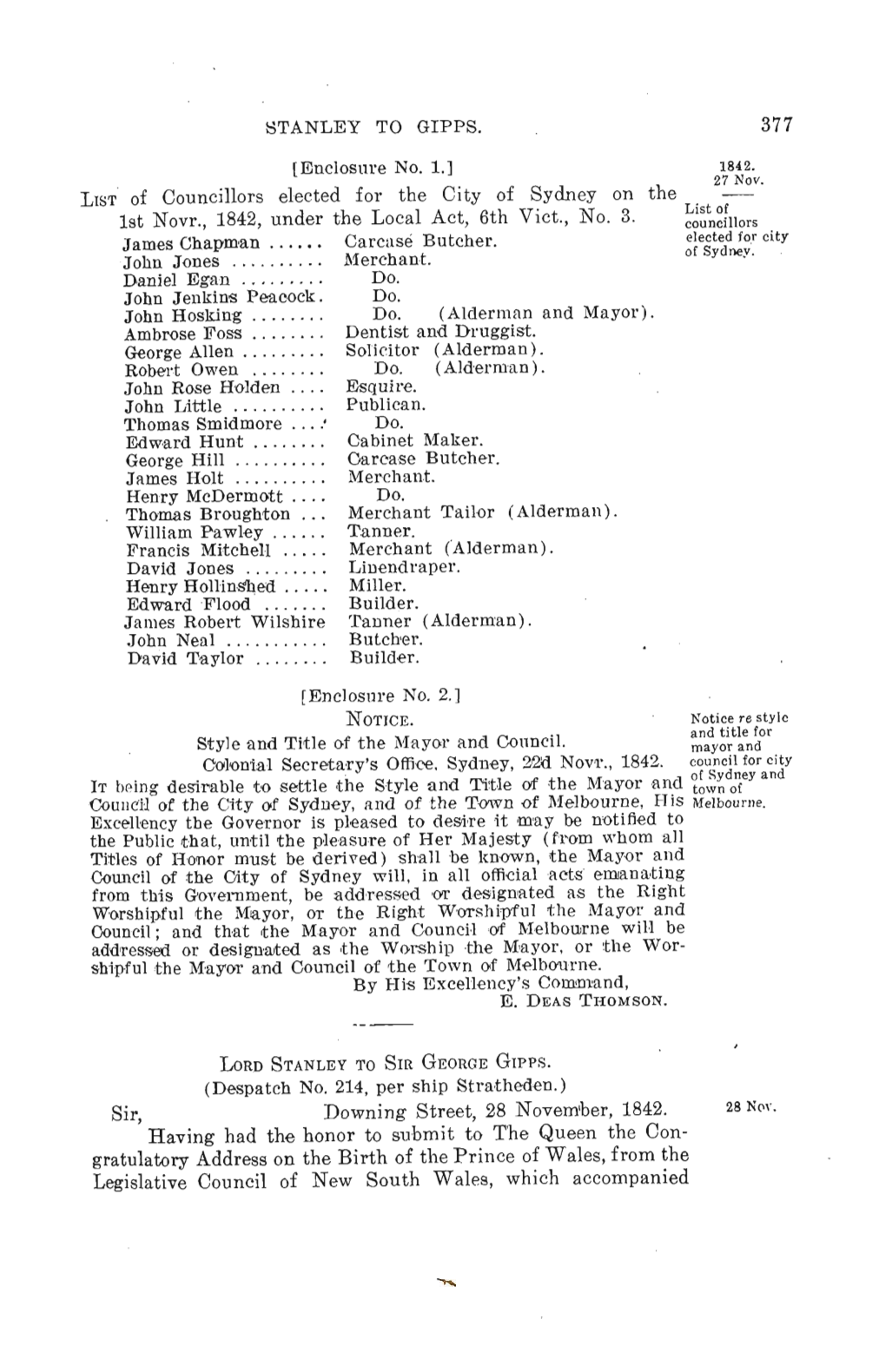 STANLEY to GIPPS. 377 [Enclosure No. 1.] 1842. LIST of Councillors