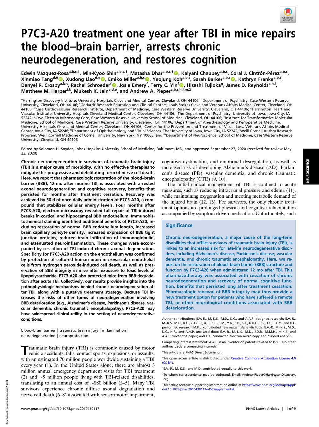 P7C3-A20 Treatment One Year After TBI in Mice Repairs the Blood–Brain Barrier, Arrests Chronic Neurodegeneration, and Restores Cognition