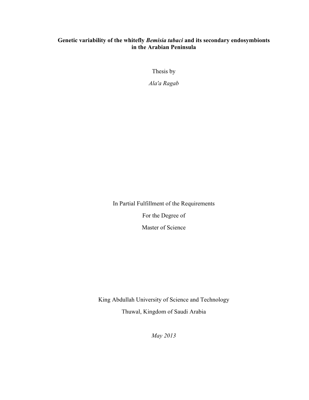 Genetic Variability of the Whitefly Bemisia Tabaci and Its Secondary Endosymbionts in the Arabian Peninsula