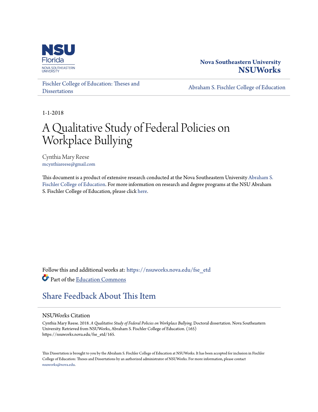 A Qualitative Study of Federal Policies on Workplace Bullying Cynthia Mary Reese Mcynthiareese@Gmail.Com