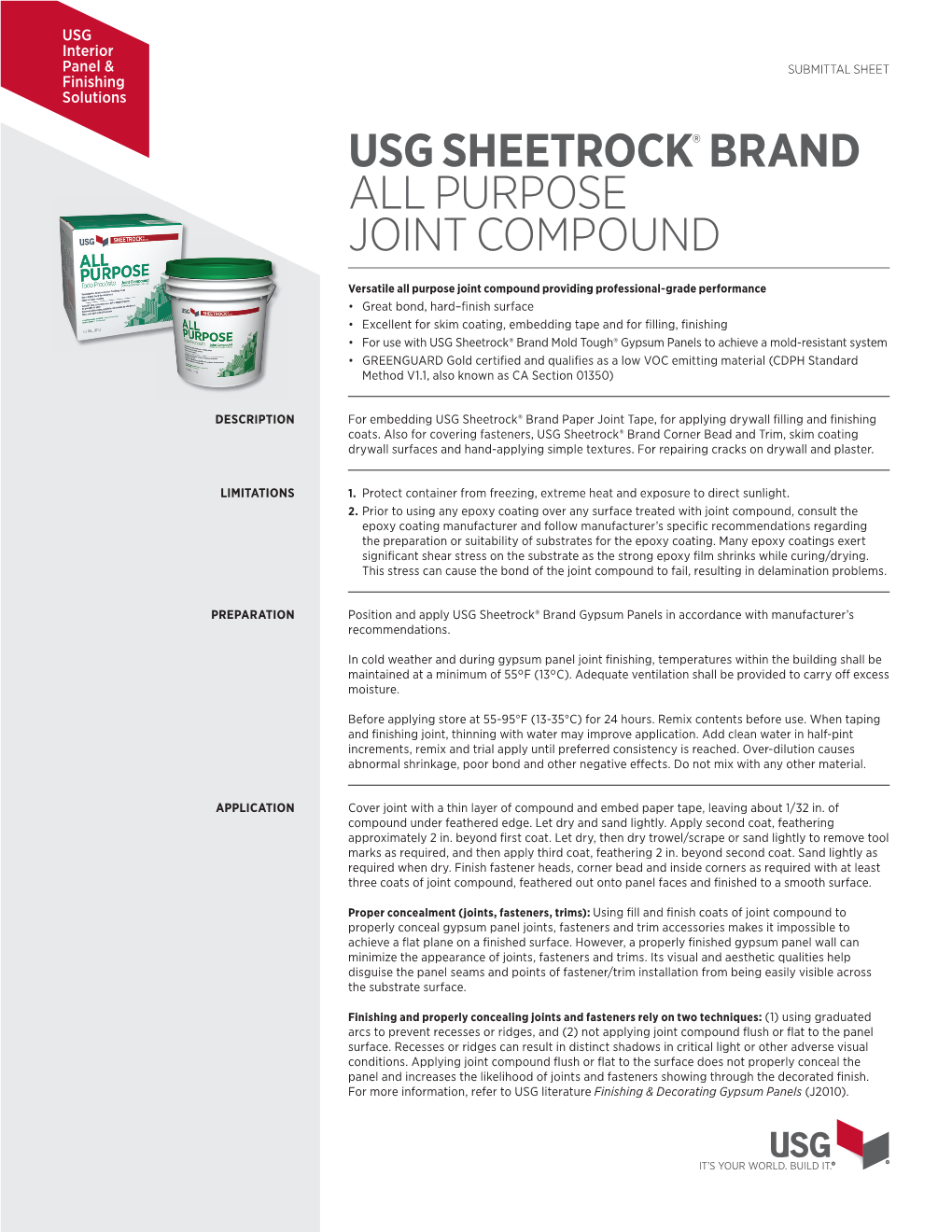 USG Sheetrock® Brand All Purpose Joint Compound Submittal Sheet