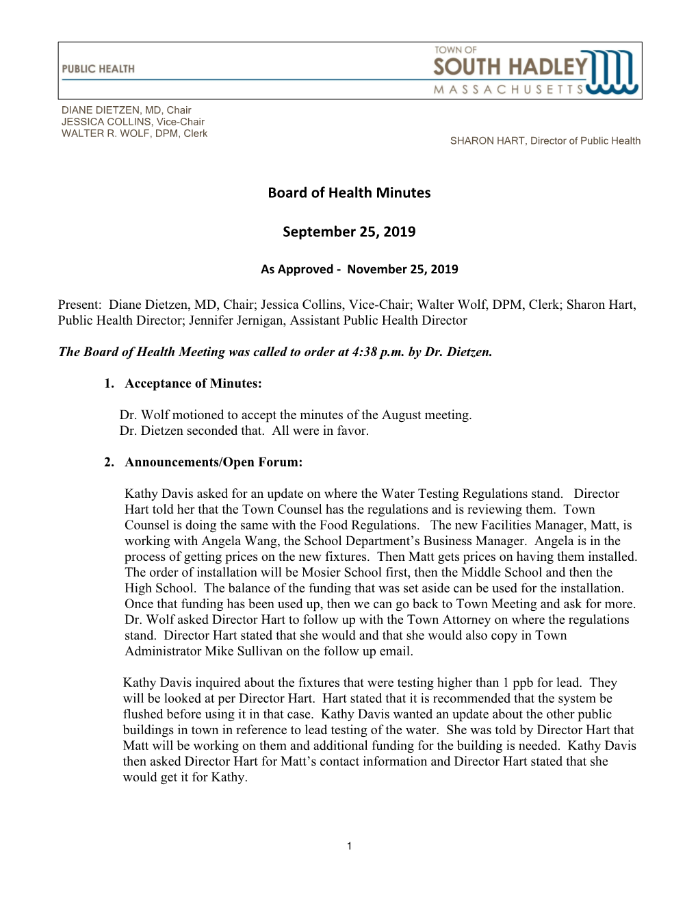 Board of Health Minutes September 25, 2019