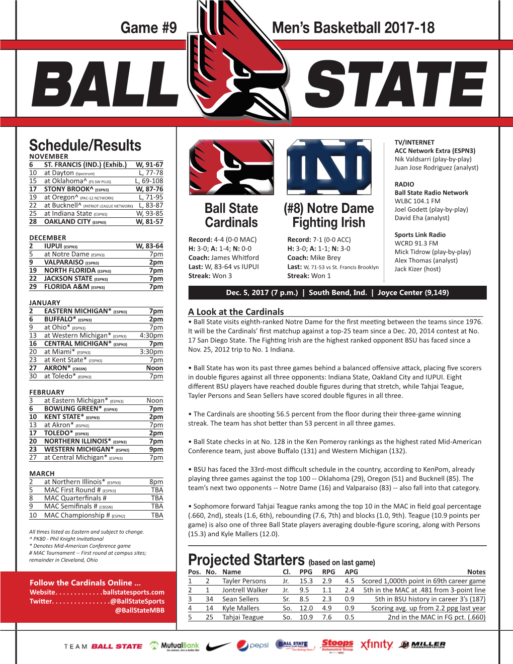 Schedule/Results Men's Basketball 2017-18 Game #9