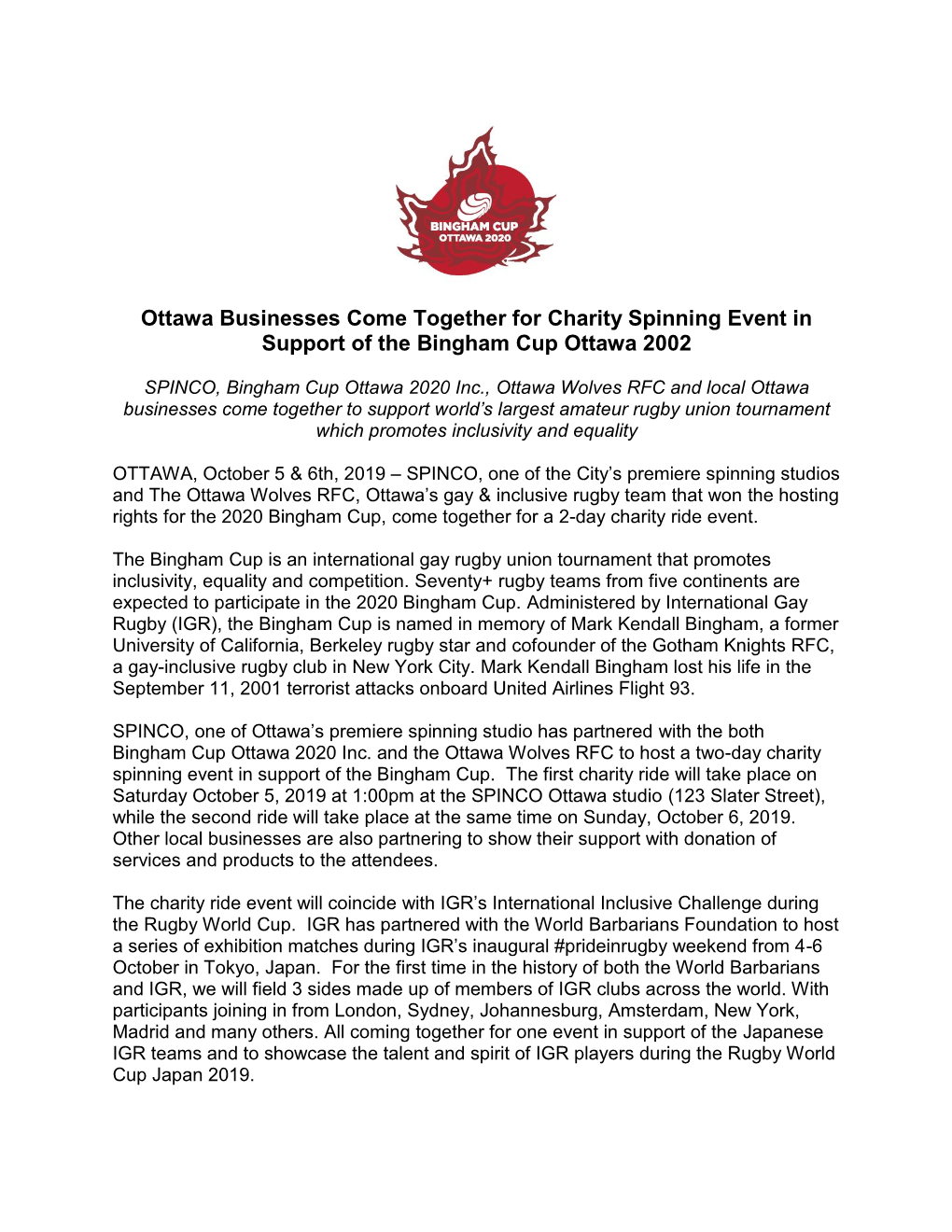 Ottawa Businesses Come Together for Charity Spinning Event in Support of the Bingham Cup Ottawa 2002