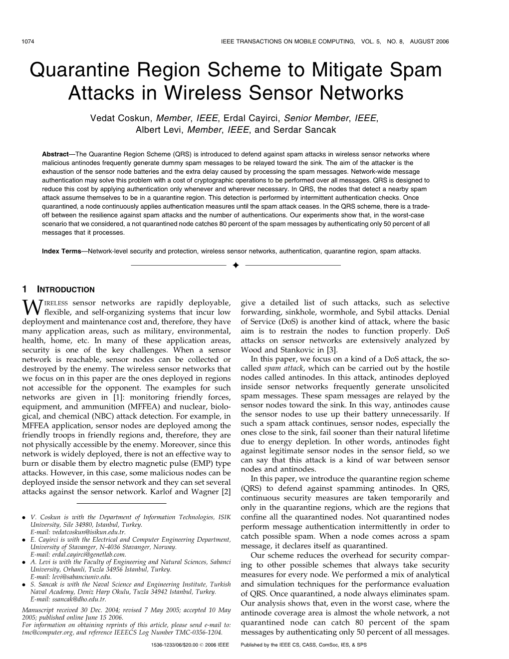 Quarantine Region Scheme to Mitigate Spam Attacks in Wireless Sensor Networks