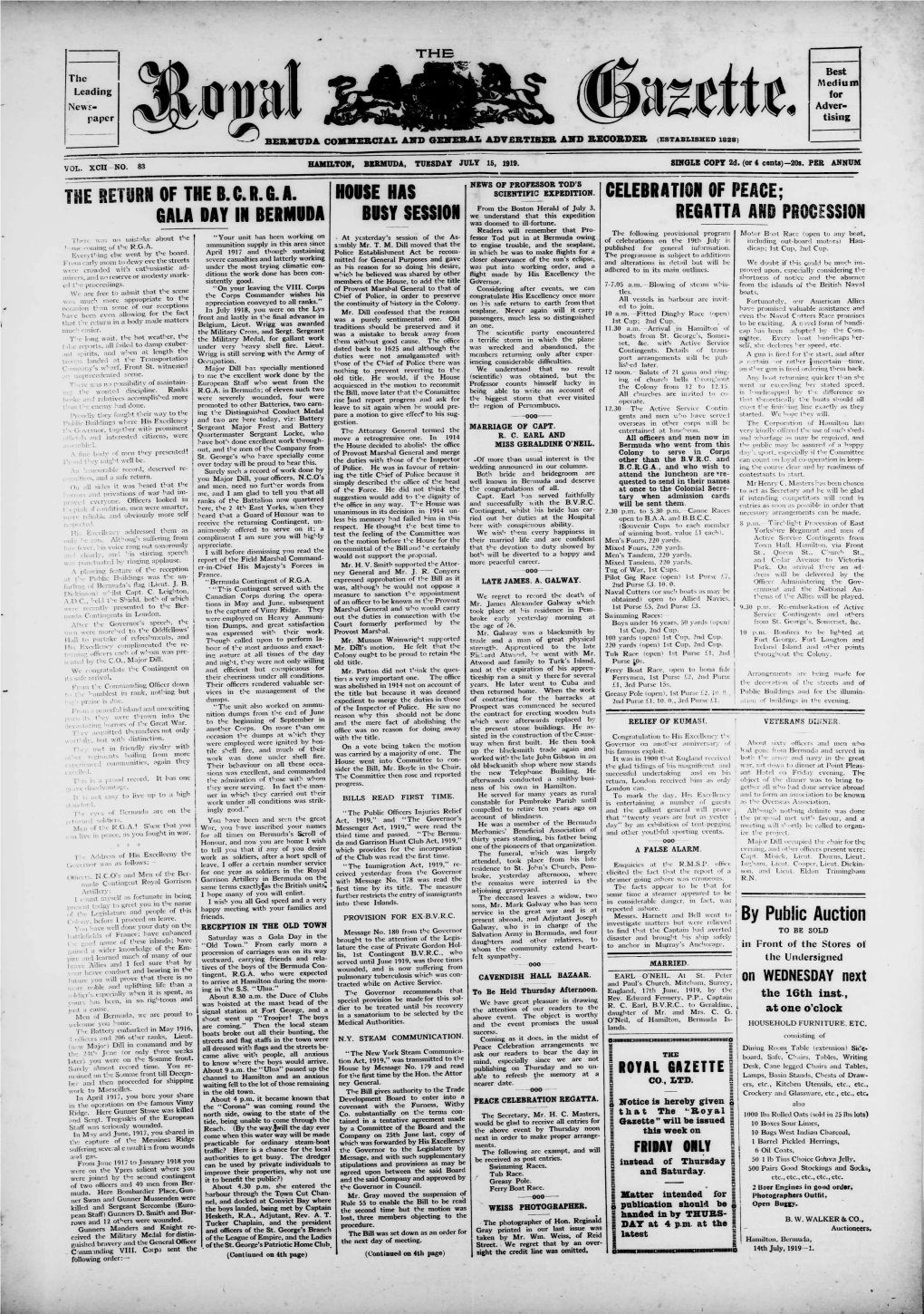 THE §ETURN of the B.CR.G.A. GALA DAY in BERMUDA HOUSE HAS DUSY SESSION CELEBRATION of PEACE; REGATTA and PROCESSION by Public A
