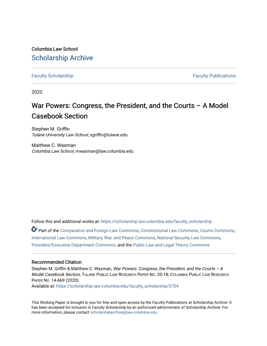War Powers: Congress, the President, and the Courts – a Model Casebook Section