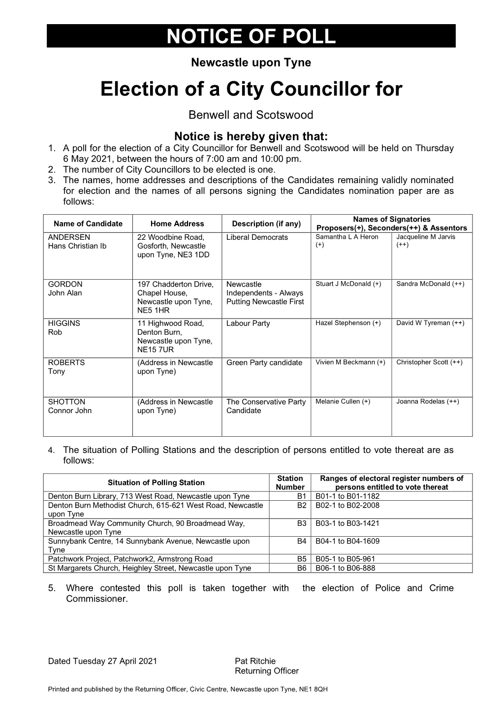 NOTICE of POLL Election of a City Councillor