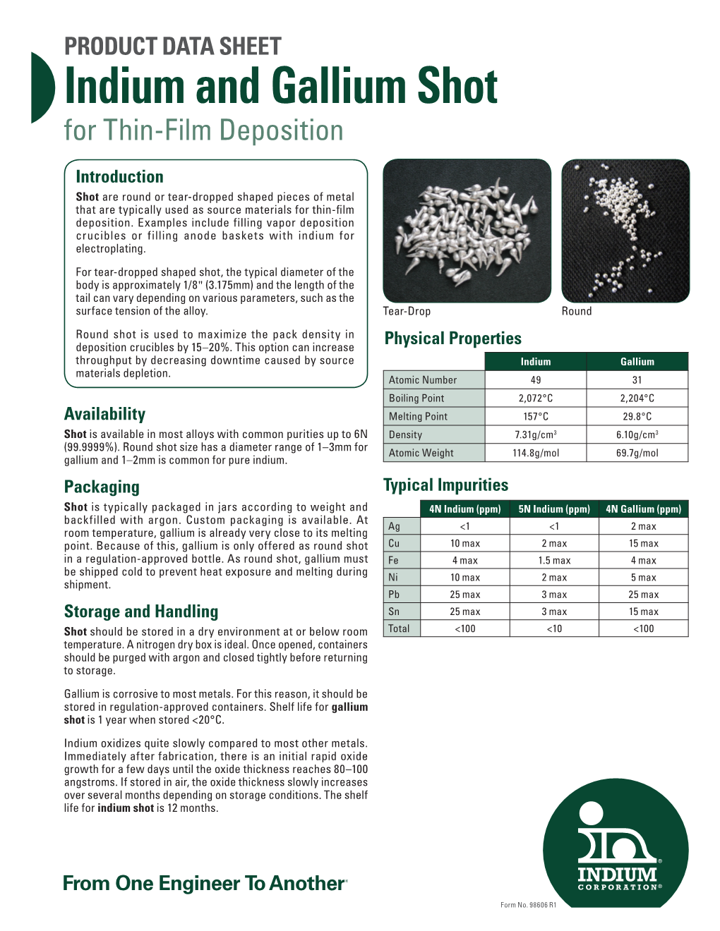 Indium and Gallium Shot for Thin-Film Deposition 98606 R1
