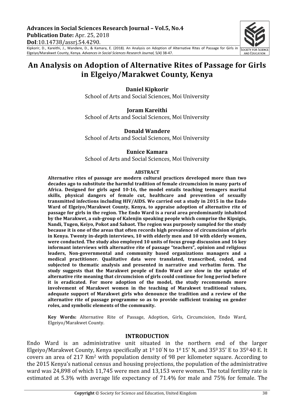 An Analysis on Adoption of Alternative Rites of Passage for Girls in Elgeiyo/Marakwet County, Kenya