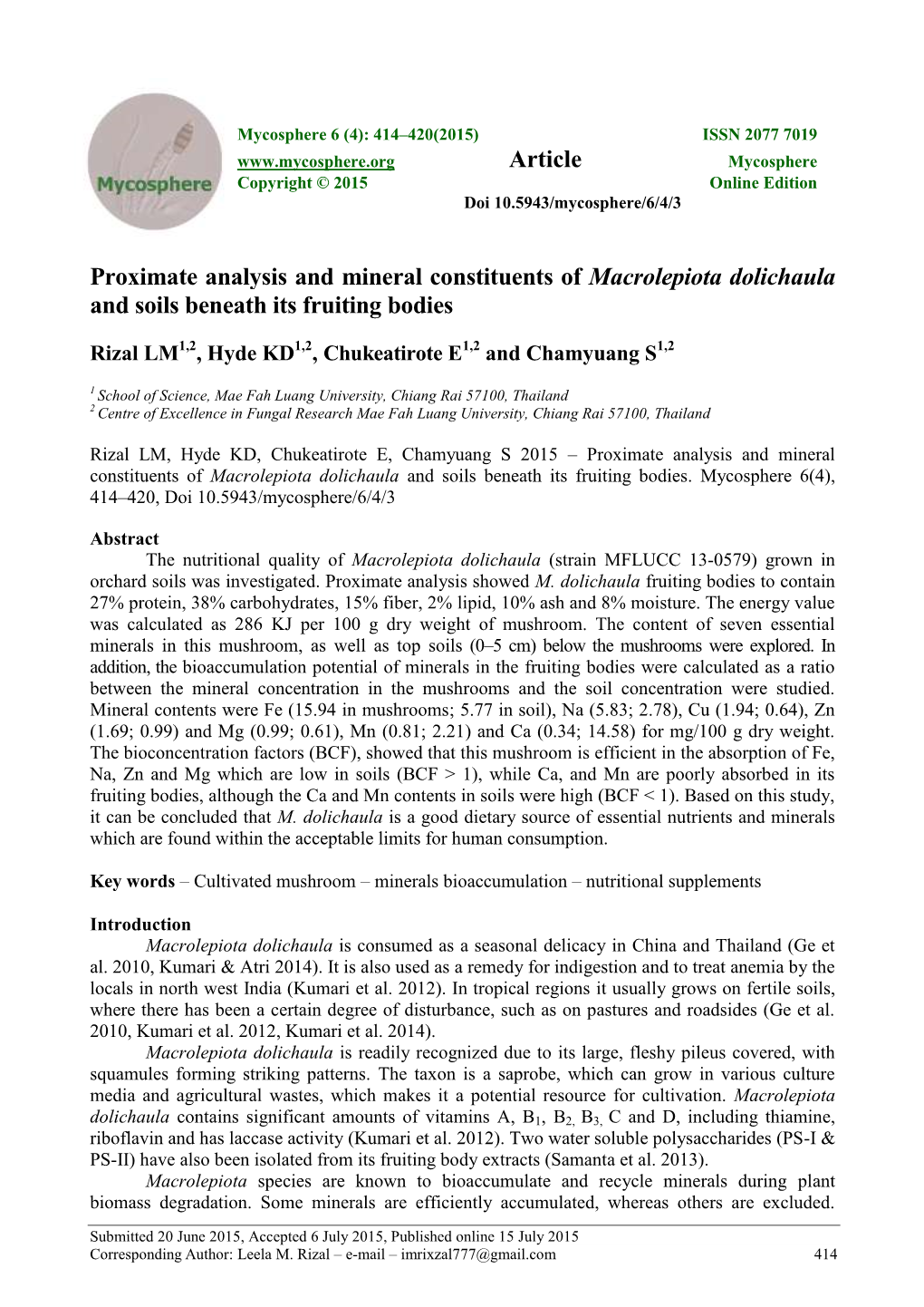 Proximate Analysis and Mineral Constituents of Macrolepiota Dolichaula and Soils Beneath Its Fruiting Bodies