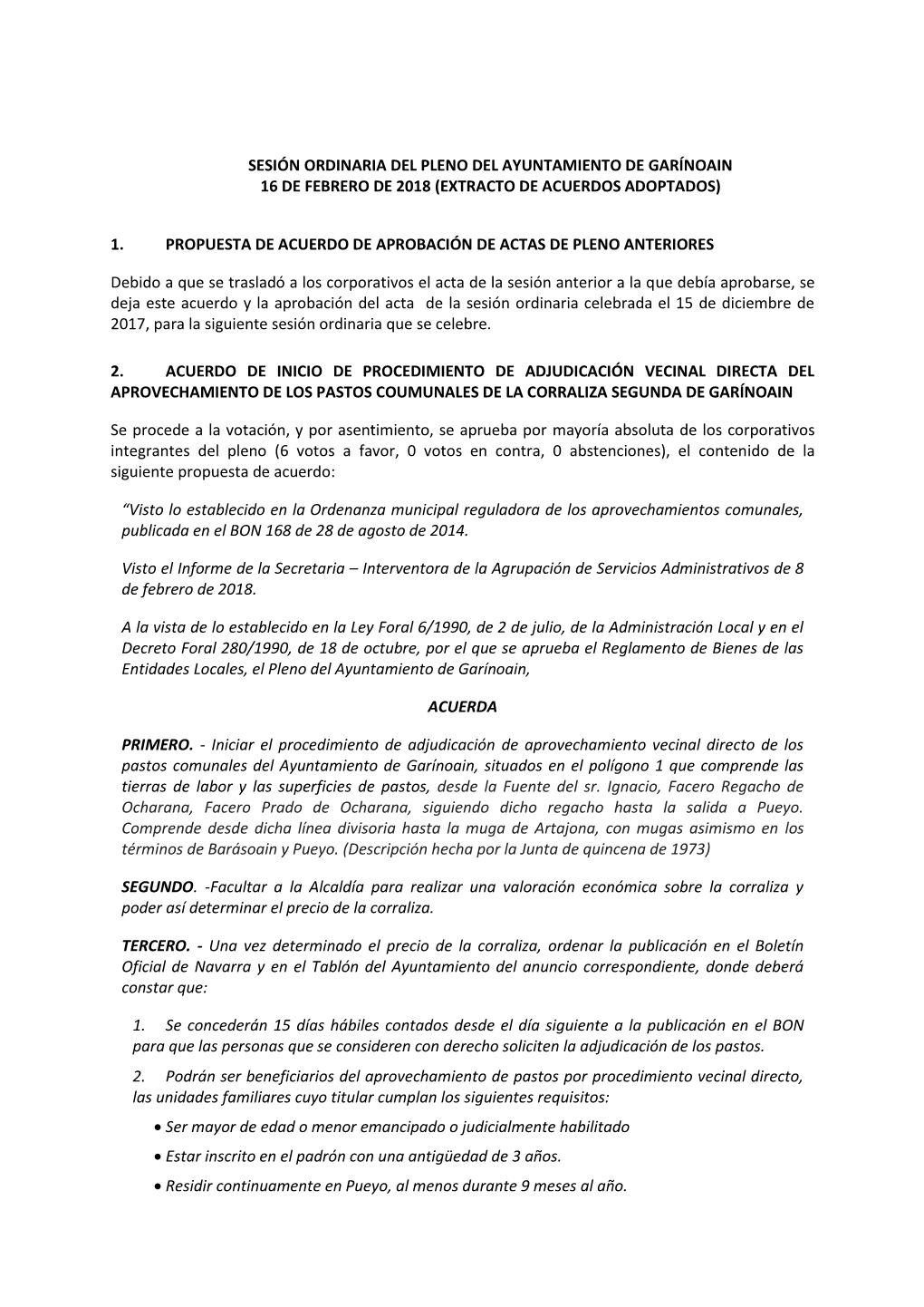 Sesión Ordinaria Del Pleno Del Ayuntamiento De Garínoain 16 De Febrero De 2018 (Extracto De Acuerdos Adoptados)