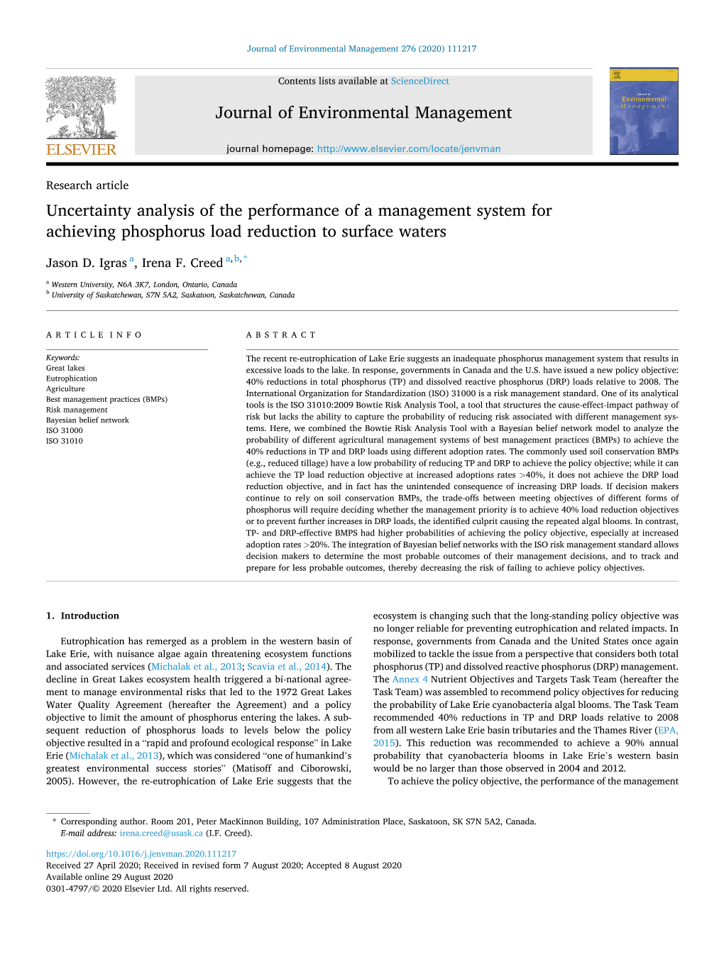 Journal of Environmental Management 276 (2020) 111217